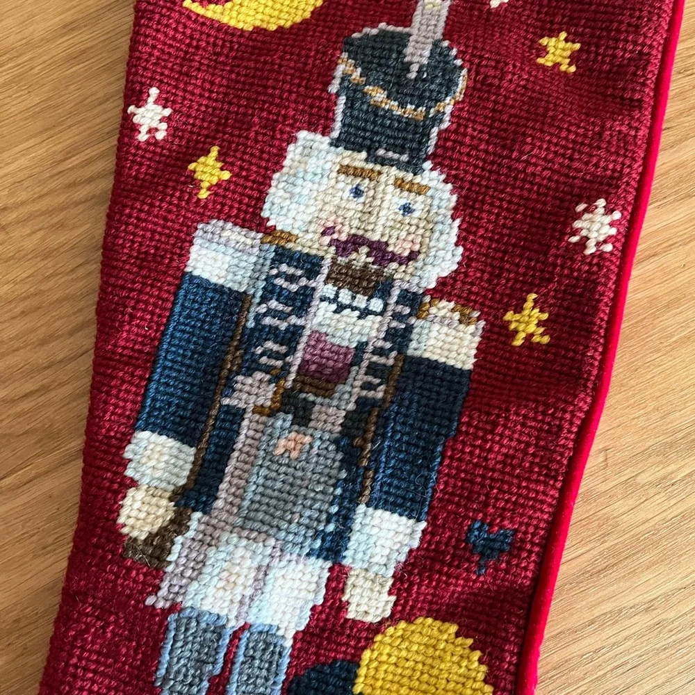 VTG Wool Needlepoint Nutcracker Christmas Stocking Red Velvet Back 20